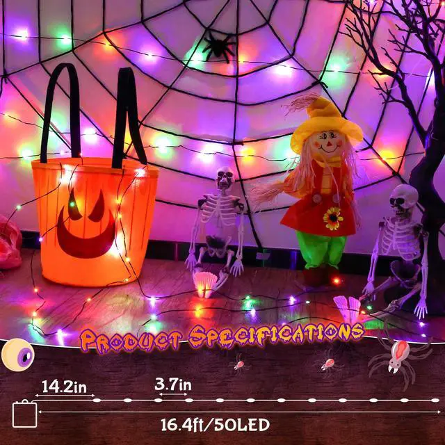 Alt view image 5 of 7 - Orange Purple Green Fairy Lights Battry Operated with Timer, Halloween String Lights for Outside 16.4ft 50LED Indoor Outdoor Halloween Decorations Garland Party Patio Garden Yard 2 Packs