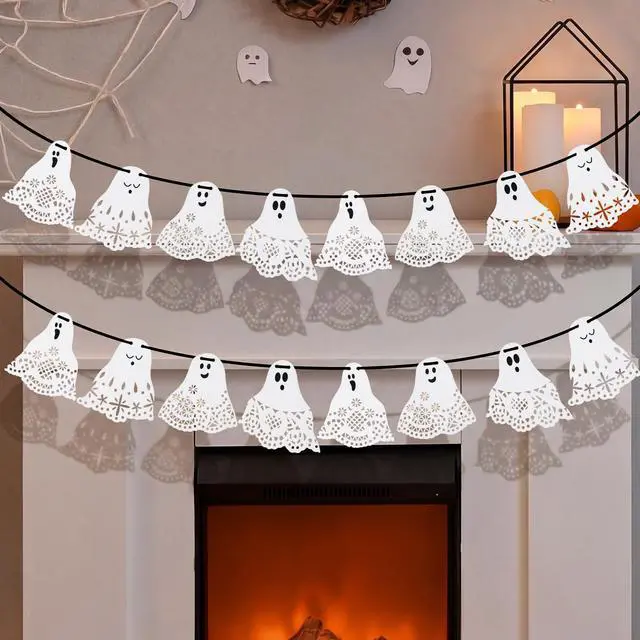 Main image of Halloween Doily Ghost Banner Paper Lace Ghost Garland | Cute Halloween Party Hanging Decoration for Wall Mantel Doorway Home Background Decor