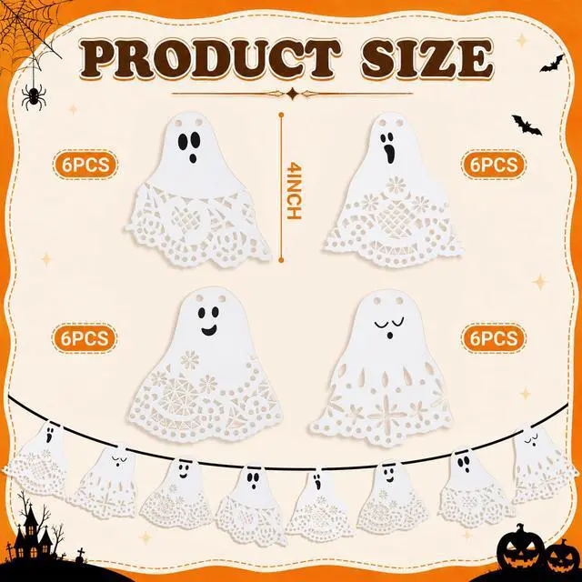 Alt view image 2 of 6 - Halloween Doily Ghost Banner Paper Lace Ghost Garland | Cute Halloween Party Hanging Decoration for Wall Mantel Doorway Home Background Decor
