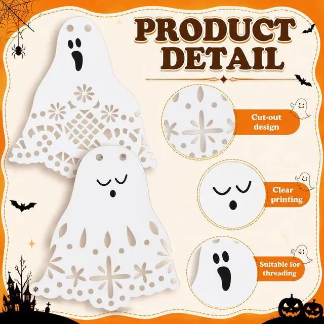 Alt view image 3 of 6 - Halloween Doily Ghost Banner Paper Lace Ghost Garland | Cute Halloween Party Hanging Decoration for Wall Mantel Doorway Home Background Decor