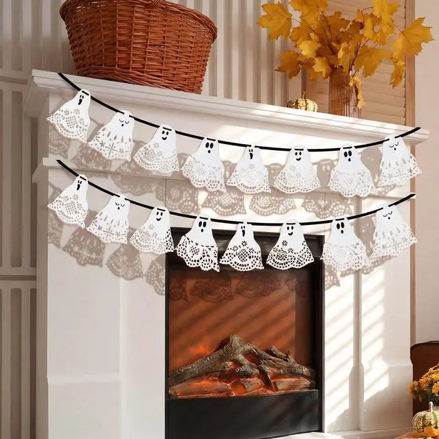 Alt view image 4 of 6 - Halloween Doily Ghost Banner Paper Lace Ghost Garland | Cute Halloween Party Hanging Decoration for Wall Mantel Doorway Home Background Decor