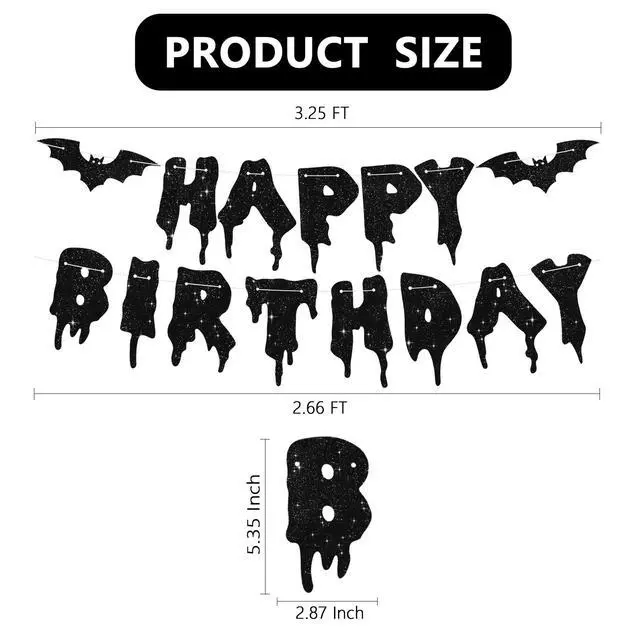 Alt view image 2 of 6 - Glitter Black Glitter Happy Birthday Halloween Banner- NO DIY - Halloween Hanging Paper Garland Bunting Banner Decorations, Party Supplies for Kids Boy Girl Birthday