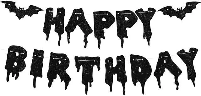 Main image of Glitter Black Glitter Happy Birthday Halloween Banner- NO DIY - Halloween Hanging Paper Garland Bunting Banner Decorations, Party Supplies for Kids Boy Girl Birthday