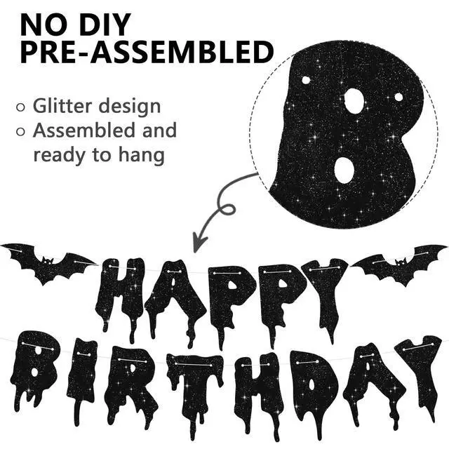 Alt view image 3 of 6 - Glitter Black Glitter Happy Birthday Halloween Banner- NO DIY - Halloween Hanging Paper Garland Bunting Banner Decorations, Party Supplies for Kids Boy Girl Birthday