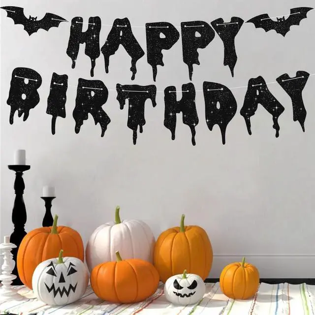 Alt view image 4 of 6 - Glitter Black Glitter Happy Birthday Halloween Banner- NO DIY - Halloween Hanging Paper Garland Bunting Banner Decorations, Party Supplies for Kids Boy Girl Birthday