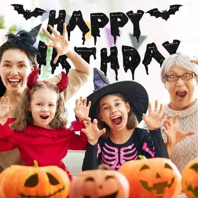 Alt view image 5 of 6 - Glitter Black Glitter Happy Birthday Halloween Banner- NO DIY - Halloween Hanging Paper Garland Bunting Banner Decorations, Party Supplies for Kids Boy Girl Birthday
