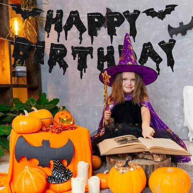 Alt view image 6 of 6 - Glitter Black Glitter Happy Birthday Halloween Banner- NO DIY - Halloween Hanging Paper Garland Bunting Banner Decorations, Party Supplies for Kids Boy Girl Birthday