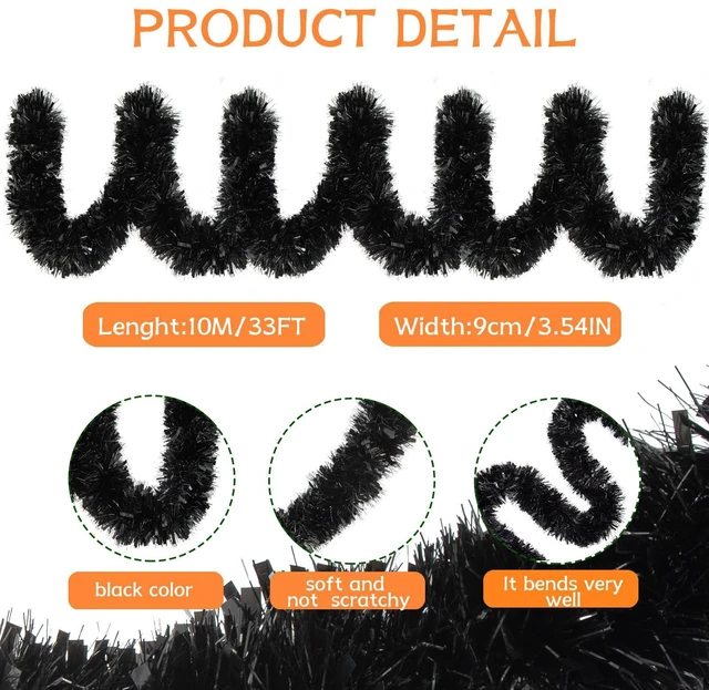 Alt view image 2 of 5 - 33FT Black Christmas Tinsel Garland Metallic Twist Foil Tinsel Garland Shiny Hanging Decorations for Halloween Xmas Tree Decoration Wedding Party Supplies