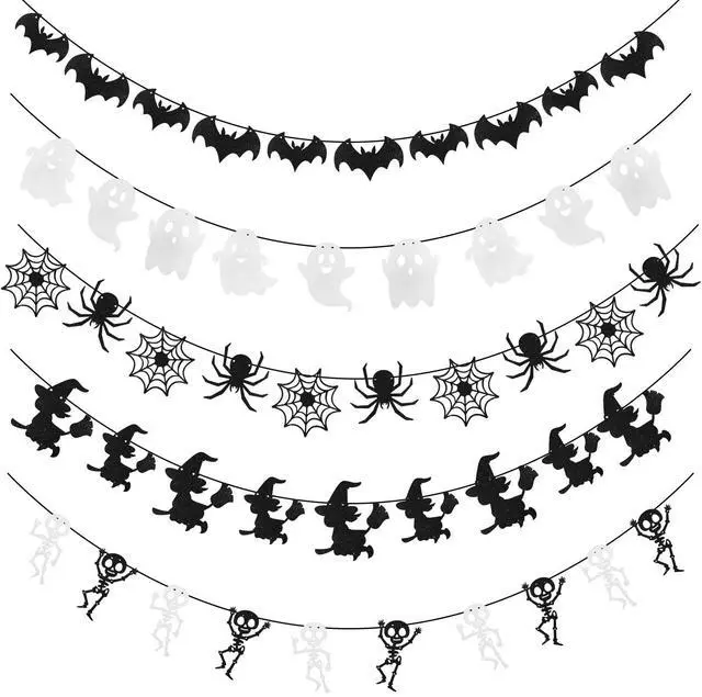 Main image of Halloween Bat Banner Spider Ghost Skeleton Witch Garland, 5 PCS White Black Glitter Banner Garland for Halloween Party Haunted House Classroom Firepalce Indoor Outdoor Decorations