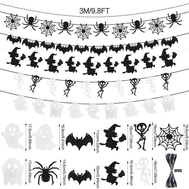 Alt view image 2 of 7 - Halloween Bat Banner Spider Ghost Skeleton Witch Garland, 5 PCS White Black Glitter Banner Garland for Halloween Party Haunted House Classroom Firepalce Indoor Outdoor Decorations