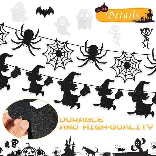Alt view image 3 of 7 - Halloween Bat Banner Spider Ghost Skeleton Witch Garland, 5 PCS White Black Glitter Banner Garland for Halloween Party Haunted House Classroom Firepalce Indoor Outdoor Decorations
