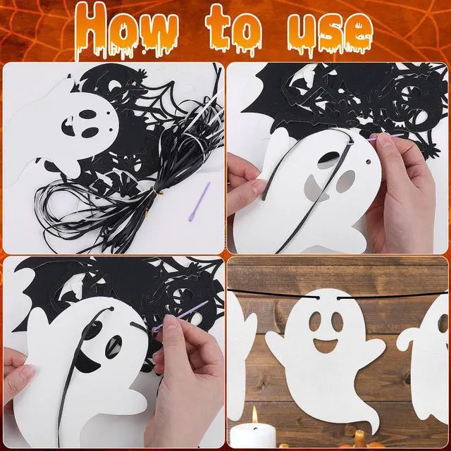 Alt view image 4 of 7 - Halloween Bat Banner Spider Ghost Skeleton Witch Garland, 5 PCS White Black Glitter Banner Garland for Halloween Party Haunted House Classroom Firepalce Indoor Outdoor Decorations
