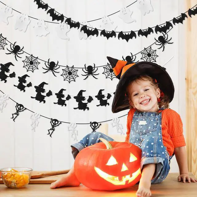 Alt view image 5 of 7 - Halloween Bat Banner Spider Ghost Skeleton Witch Garland, 5 PCS White Black Glitter Banner Garland for Halloween Party Haunted House Classroom Firepalce Indoor Outdoor Decorations