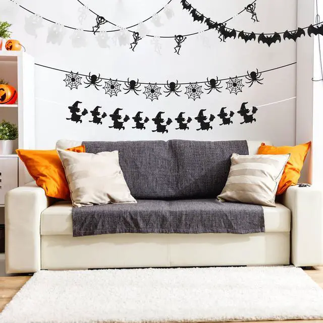 Alt view image 6 of 7 - Halloween Bat Banner Spider Ghost Skeleton Witch Garland, 5 PCS White Black Glitter Banner Garland for Halloween Party Haunted House Classroom Firepalce Indoor Outdoor Decorations