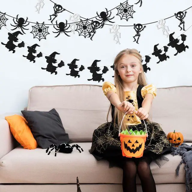 Alt view image 7 of 7 - Halloween Bat Banner Spider Ghost Skeleton Witch Garland, 5 PCS White Black Glitter Banner Garland for Halloween Party Haunted House Classroom Firepalce Indoor Outdoor Decorations