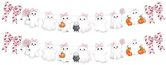 Main image of 2 Pack Pink Halloween Garland Ghost Decor 6.56 ft Cute Pink Bow Bat Pastel Girly Paper Hanging Halloween Banner for Birthday Kids Party Boo Decor a Little Boo Is Almost Due Baby Shower
