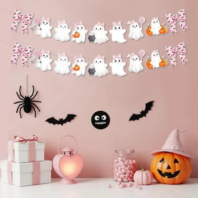 Alt view image 2 of 5 - 2 Pack Pink Halloween Garland Ghost Decor 6.56 ft Cute Pink Bow Bat Pastel Girly Paper Hanging Halloween Banner for Birthday Kids Party Boo Decor a Little Boo Is Almost Due Baby Shower