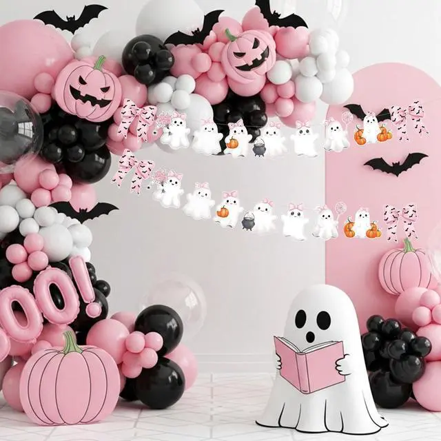 Alt view image 3 of 5 - 2 Pack Pink Halloween Garland Ghost Decor 6.56 ft Cute Pink Bow Bat Pastel Girly Paper Hanging Halloween Banner for Birthday Kids Party Boo Decor a Little Boo Is Almost Due Baby Shower