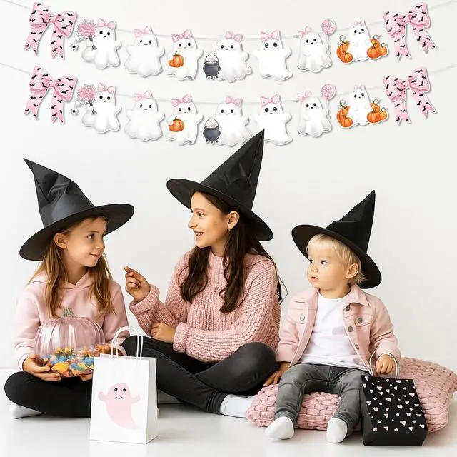 Alt view image 4 of 5 - 2 Pack Pink Halloween Garland Ghost Decor 6.56 ft Cute Pink Bow Bat Pastel Girly Paper Hanging Halloween Banner for Birthday Kids Party Boo Decor a Little Boo Is Almost Due Baby Shower