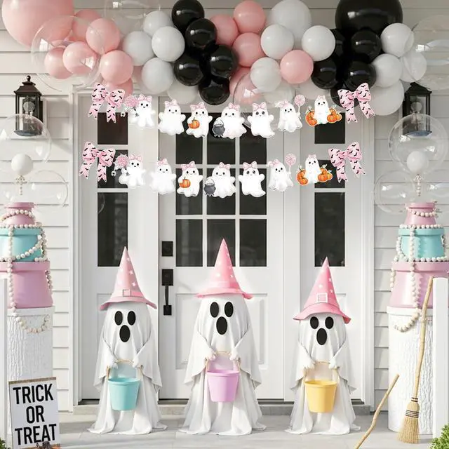 Alt view image 5 of 5 - 2 Pack Pink Halloween Garland Ghost Decor 6.56 ft Cute Pink Bow Bat Pastel Girly Paper Hanging Halloween Banner for Birthday Kids Party Boo Decor a Little Boo Is Almost Due Baby Shower