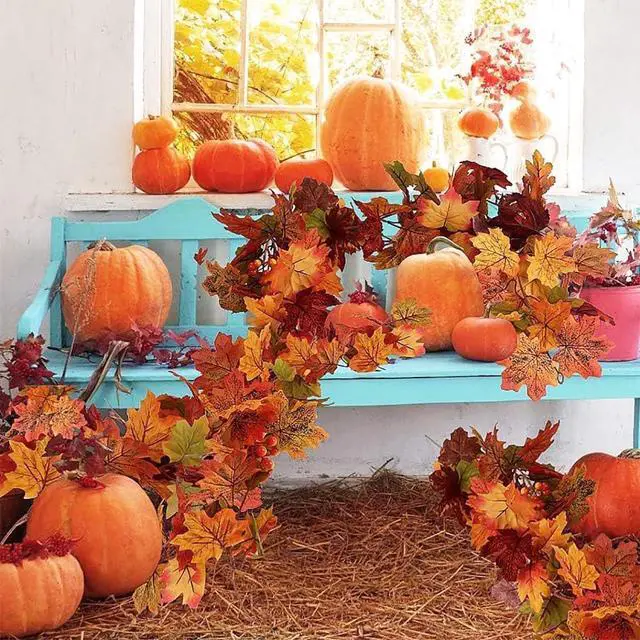 Alt view image 7 of 7 - 2pack Fall Garland Maple Leaf Garlands 5.9Ft/Piece Fall Maple Leaves Garland Hanging Vine Garlands Artificial Autumn Foliage Thanksgiving Christmas Decor (2, Orange)