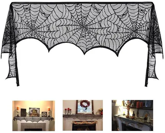 Main image of Halloween Black Lace Spiderweb Fireplace Mantle Scarf Cover | Mantle Decorations, Garland, Festive Party Supplies, 18 x 98 inch