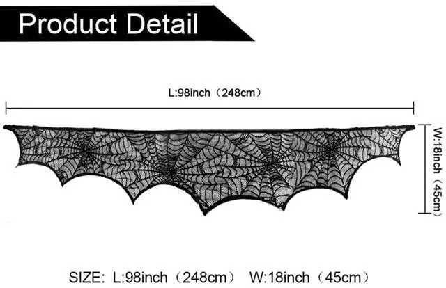 Alt view image 2 of 7 - Halloween Black Lace Spiderweb Fireplace Mantle Scarf Cover | Mantle Decorations, Garland, Festive Party Supplies, 18 x 98 inch