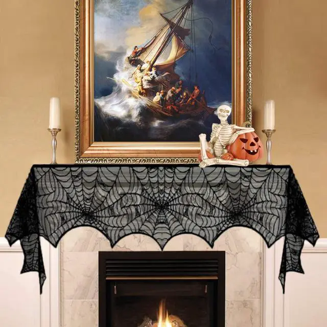 Alt view image 4 of 7 - Halloween Black Lace Spiderweb Fireplace Mantle Scarf Cover | Mantle Decorations, Garland, Festive Party Supplies, 18 x 98 inch