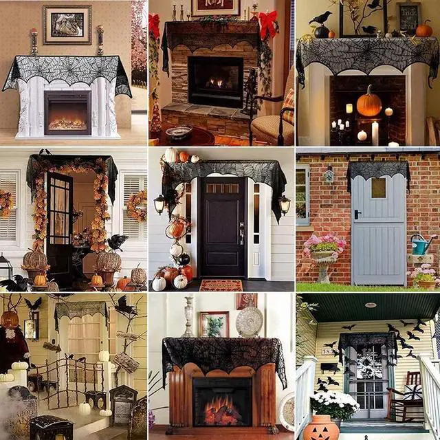 Alt view image 7 of 7 - Halloween Black Lace Spiderweb Fireplace Mantle Scarf Cover | Mantle Decorations, Garland, Festive Party Supplies, 18 x 98 inch
