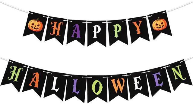 Main image of Happy Halloween Banner, Halloween Banner Decorations Indoor, Pre-Strung Halloween Party Decorations Pumpkin Paper Banner Trick or Treat Backdrop Garland for Birthday Halloween Party Favors Supplies