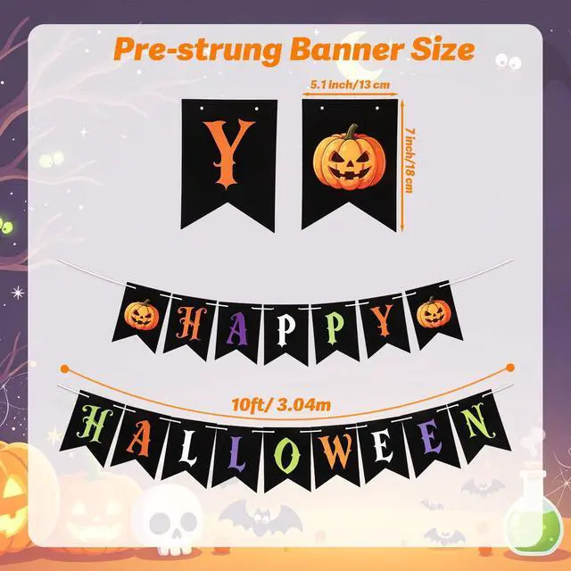 Alt view image 2 of 7 - Happy Halloween Banner, Halloween Banner Decorations Indoor, Pre-Strung Halloween Party Decorations Pumpkin Paper Banner Trick or Treat Backdrop Garland for Birthday Halloween Party Favors Supplies
