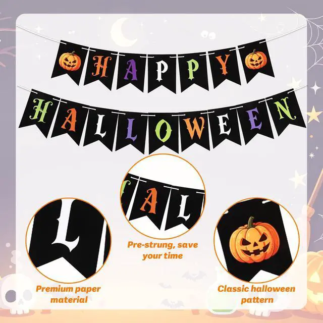 Alt view image 3 of 7 - Happy Halloween Banner, Halloween Banner Decorations Indoor, Pre-Strung Halloween Party Decorations Pumpkin Paper Banner Trick or Treat Backdrop Garland for Birthday Halloween Party Favors Supplies