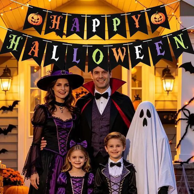 Alt view image 5 of 7 - Happy Halloween Banner, Halloween Banner Decorations Indoor, Pre-Strung Halloween Party Decorations Pumpkin Paper Banner Trick or Treat Backdrop Garland for Birthday Halloween Party Favors Supplies