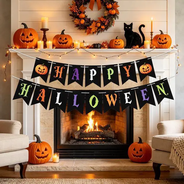 Alt view image 4 of 7 - Happy Halloween Banner, Halloween Banner Decorations Indoor, Pre-Strung Halloween Party Decorations Pumpkin Paper Banner Trick or Treat Backdrop Garland for Birthday Halloween Party Favors Supplies