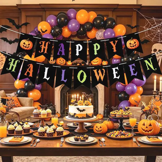 Alt view image 7 of 7 - Happy Halloween Banner, Halloween Banner Decorations Indoor, Pre-Strung Halloween Party Decorations Pumpkin Paper Banner Trick or Treat Backdrop Garland for Birthday Halloween Party Favors Supplies