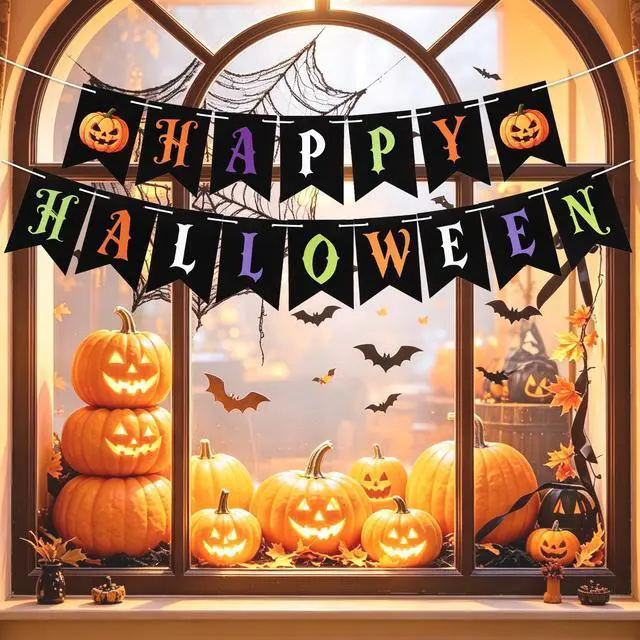 Alt view image 6 of 7 - Happy Halloween Banner, Halloween Banner Decorations Indoor, Pre-Strung Halloween Party Decorations Pumpkin Paper Banner Trick or Treat Backdrop Garland for Birthday Halloween Party Favors Supplies
