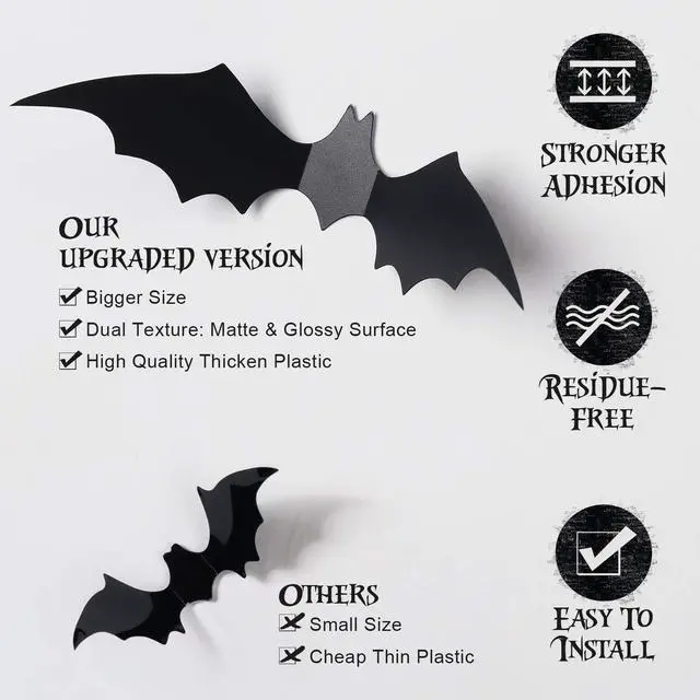 Alt view image 3 of 7 - 60PCS Halloween Bats Decoration, 4 Different Sizes Realistic PVC Black 3D Scary Bat Sticker for Home Decor DIY Wall Decal Bathroom Indoor Hallowmas Party Supplies