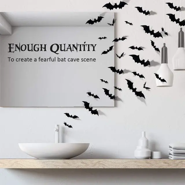 Alt view image 4 of 7 - 60PCS Halloween Bats Decoration, 4 Different Sizes Realistic PVC Black 3D Scary Bat Sticker for Home Decor DIY Wall Decal Bathroom Indoor Hallowmas Party Supplies