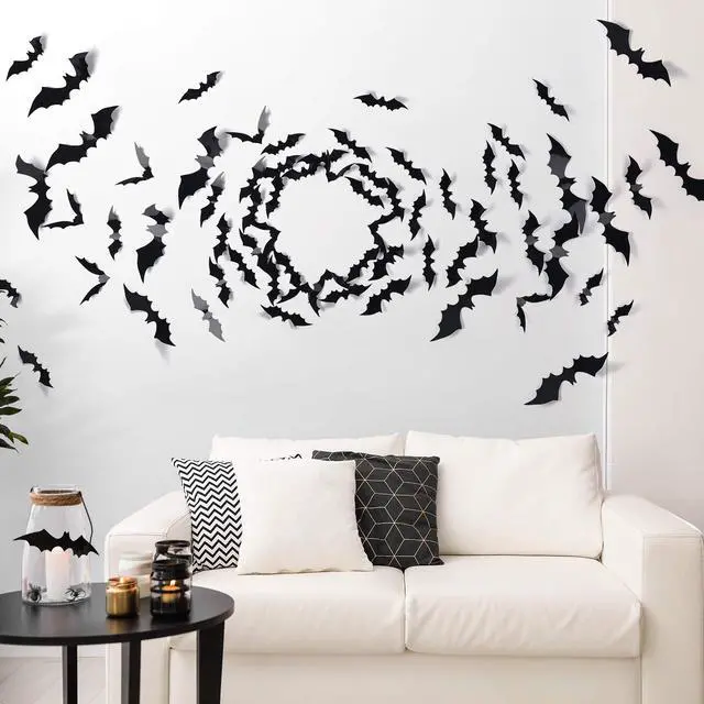Alt view image 6 of 7 - 60PCS Halloween Bats Decoration, 4 Different Sizes Realistic PVC Black 3D Scary Bat Sticker for Home Decor DIY Wall Decal Bathroom Indoor Hallowmas Party Supplies