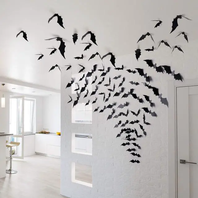 Alt view image 7 of 7 - 60PCS Halloween Bats Decoration, 4 Different Sizes Realistic PVC Black 3D Scary Bat Sticker for Home Decor DIY Wall Decal Bathroom Indoor Hallowmas Party Supplies