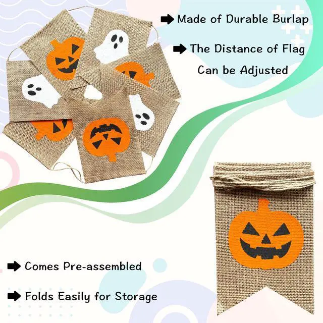 Alt view image 3 of 5 - Ghost Pumpkin Banner Halloween Decorations for Mantle Fireplace | Halloween Garland Bunting, Trick or Treat Decorations Outdoor, Haunted House Decor Halloween Backdrop