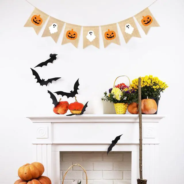 Alt view image 4 of 5 - Ghost Pumpkin Banner Halloween Decorations for Mantle Fireplace | Halloween Garland Bunting, Trick or Treat Decorations Outdoor, Haunted House Decor Halloween Backdrop