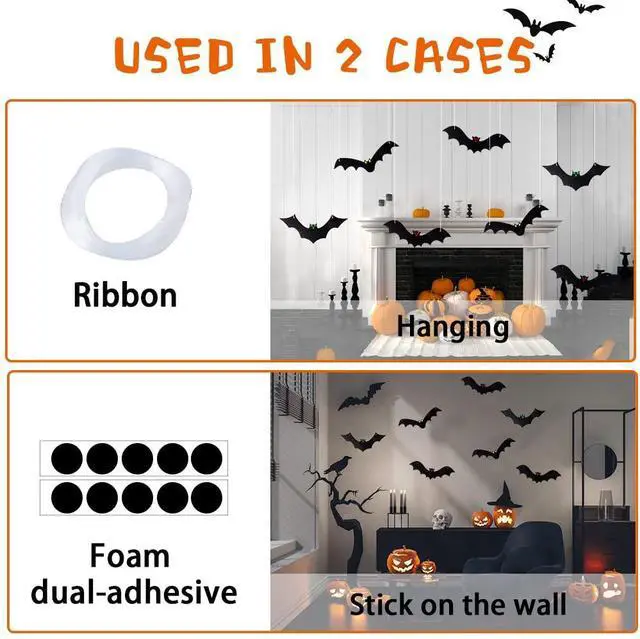 Alt view image 4 of 7 - Halloween Hanging Bats for 12PCS 3D Halloween Yard Outdoor Decoration | 3 Styles Realistic Scary Large Fake Black Hanging Flying Bat Spooky for Halloween Indoor Sign Lawn Decorations