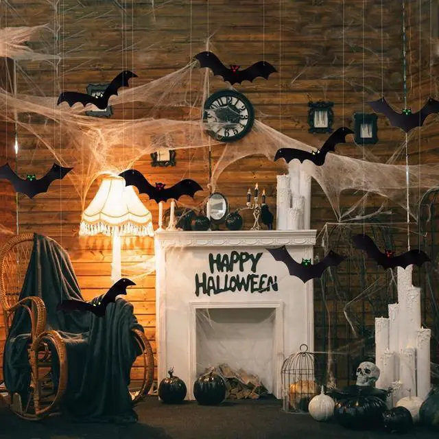 Alt view image 5 of 7 - Halloween Hanging Bats for 12PCS 3D Halloween Yard Outdoor Decoration | 3 Styles Realistic Scary Large Fake Black Hanging Flying Bat Spooky for Halloween Indoor Sign Lawn Decorations