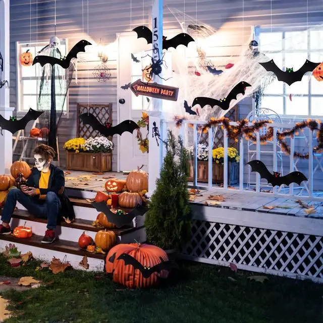 Alt view image 6 of 7 - Halloween Hanging Bats for 12PCS 3D Halloween Yard Outdoor Decoration | 3 Styles Realistic Scary Large Fake Black Hanging Flying Bat Spooky for Halloween Indoor Sign Lawn Decorations