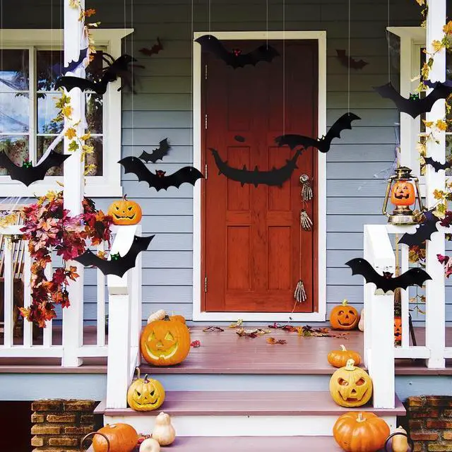 Alt view image 7 of 7 - Halloween Hanging Bats for 12PCS 3D Halloween Yard Outdoor Decoration | 3 Styles Realistic Scary Large Fake Black Hanging Flying Bat Spooky for Halloween Indoor Sign Lawn Decorations