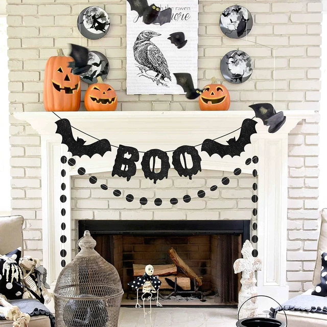Main image of Halloween Boo Banner for Fireplace, Black Glittery Boo Bat Banner and Black Glittery Circle Dots Garland, Halloween Garland for Fireplace Home Décor, Halloween Boo Garland Banners