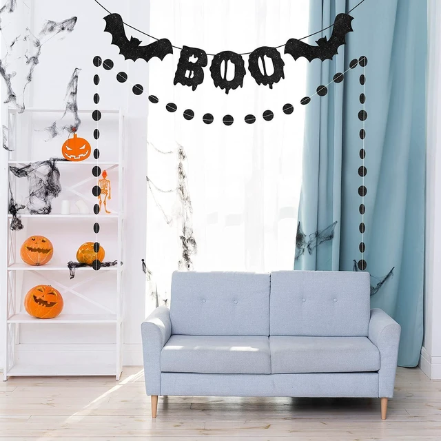 Alt view image 5 of 7 - Halloween Boo Banner for Fireplace, Black Glittery Boo Bat Banner and Black Glittery Circle Dots Garland, Halloween Garland for Fireplace Home Décor, Halloween Boo Garland Banners