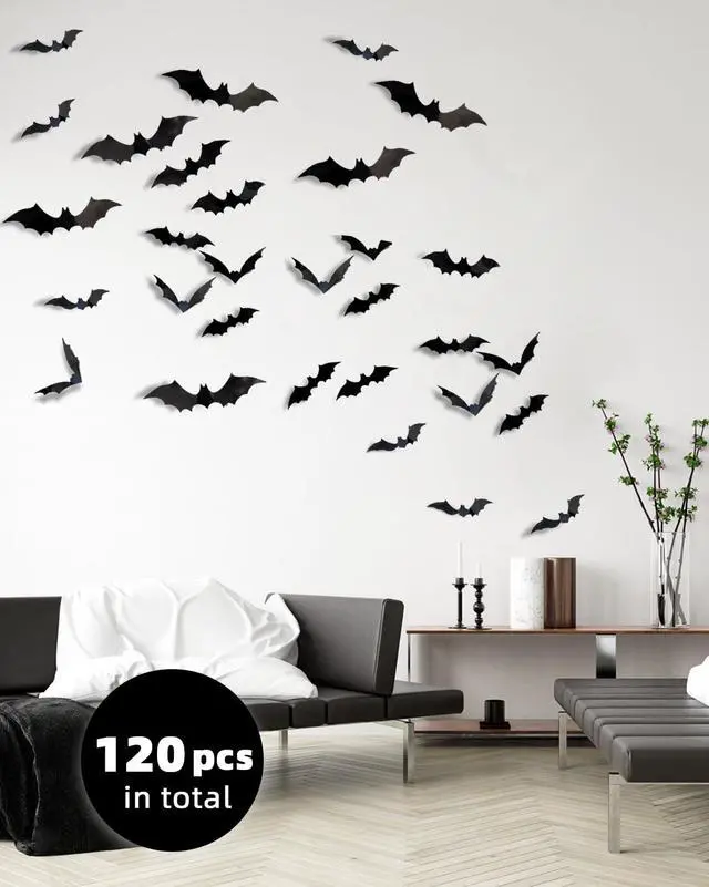 Alt view image 4 of 7 - 120Pcs 3D Bats Halloween Decorations Wall Decor Realistic PVC Bat Stickers | Halloween Party Decorations, Creepy Home Decor, DIY Wall Decal, Indoor Bathroom