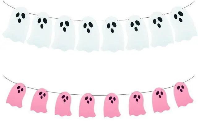 Main image of 2 Pack White Pink Ghost Garland Felt Ghost Banner for Haunted House Fireplace Indoor Outdoor Halloween Party Decorations Supplies